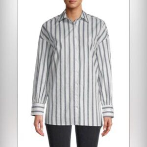 Walter Baker Vivian Smocked Back Stripe Print Longline Blouse In Navy/ White XS